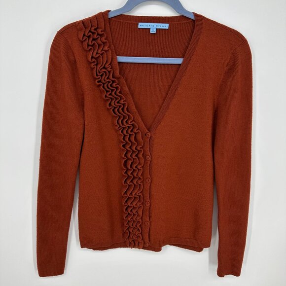 ANTONIO MELANI Sweaters - Antonio Melanie Ruffle Trim Cardigan Sweater S Womens Wool V Neck Burnt Orange